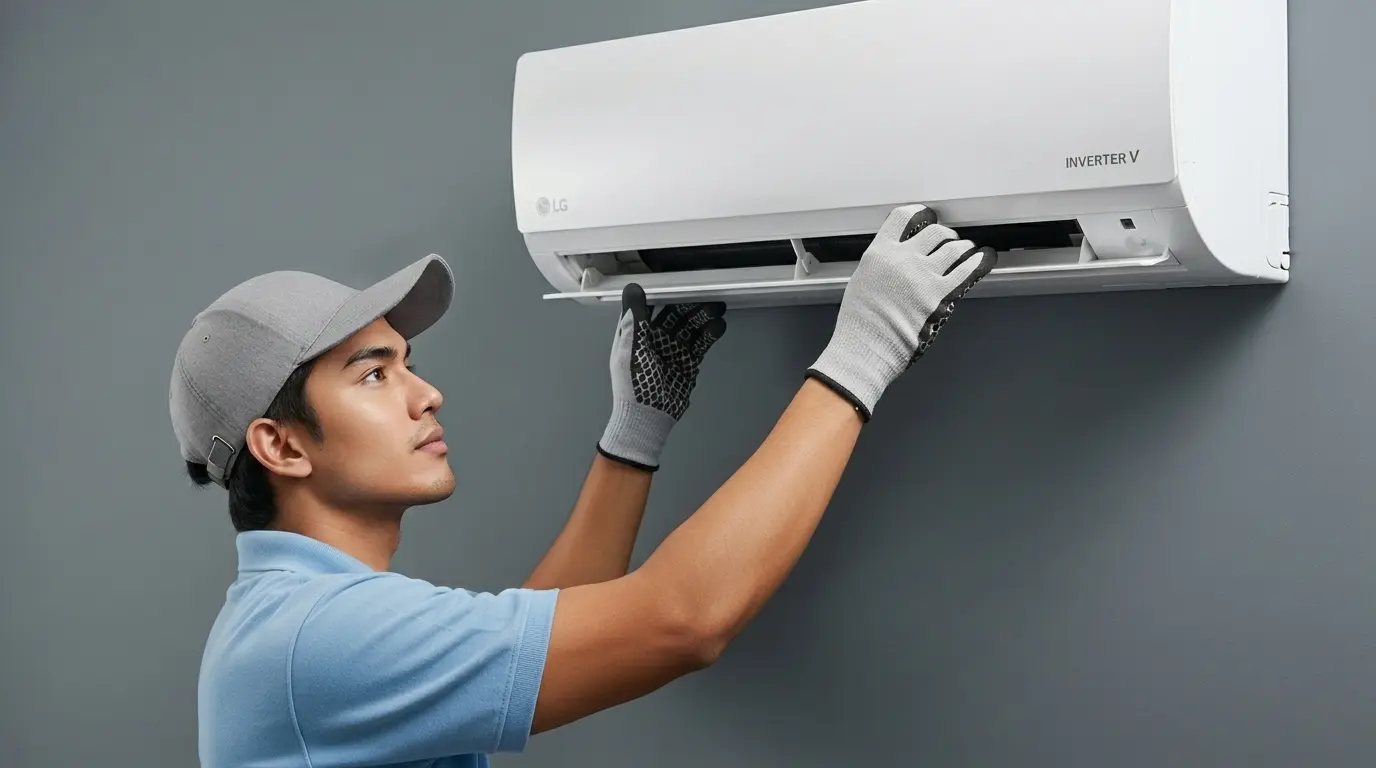 Juruteknik AC di samping unit aircond