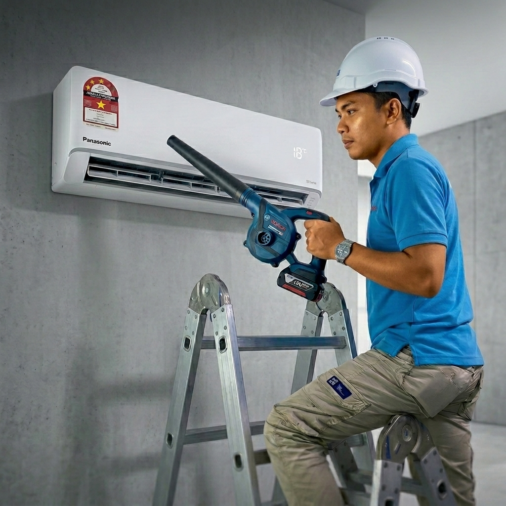 Juruteknik sedang menyelesaikan kerja akhir dalam servis aircond