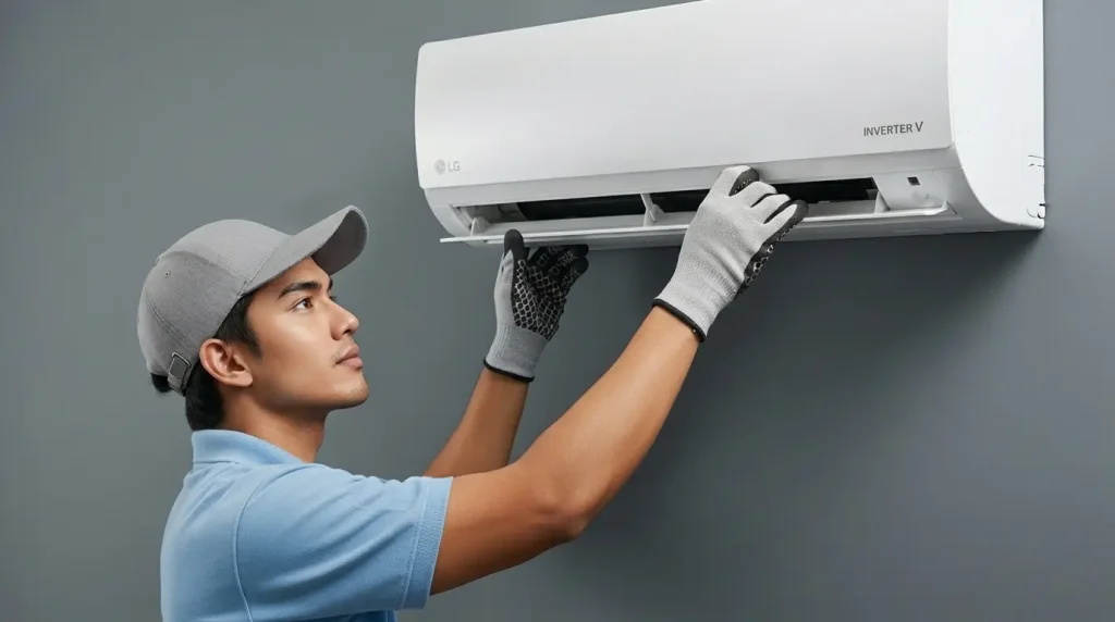Juruteknik aircond sedang melakukan servis di Antara Gapi
