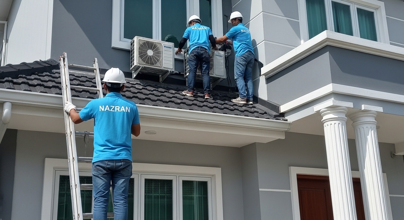 Juruteknik aircond sedang melakukan kerja pemasangan di Bukit Changgang